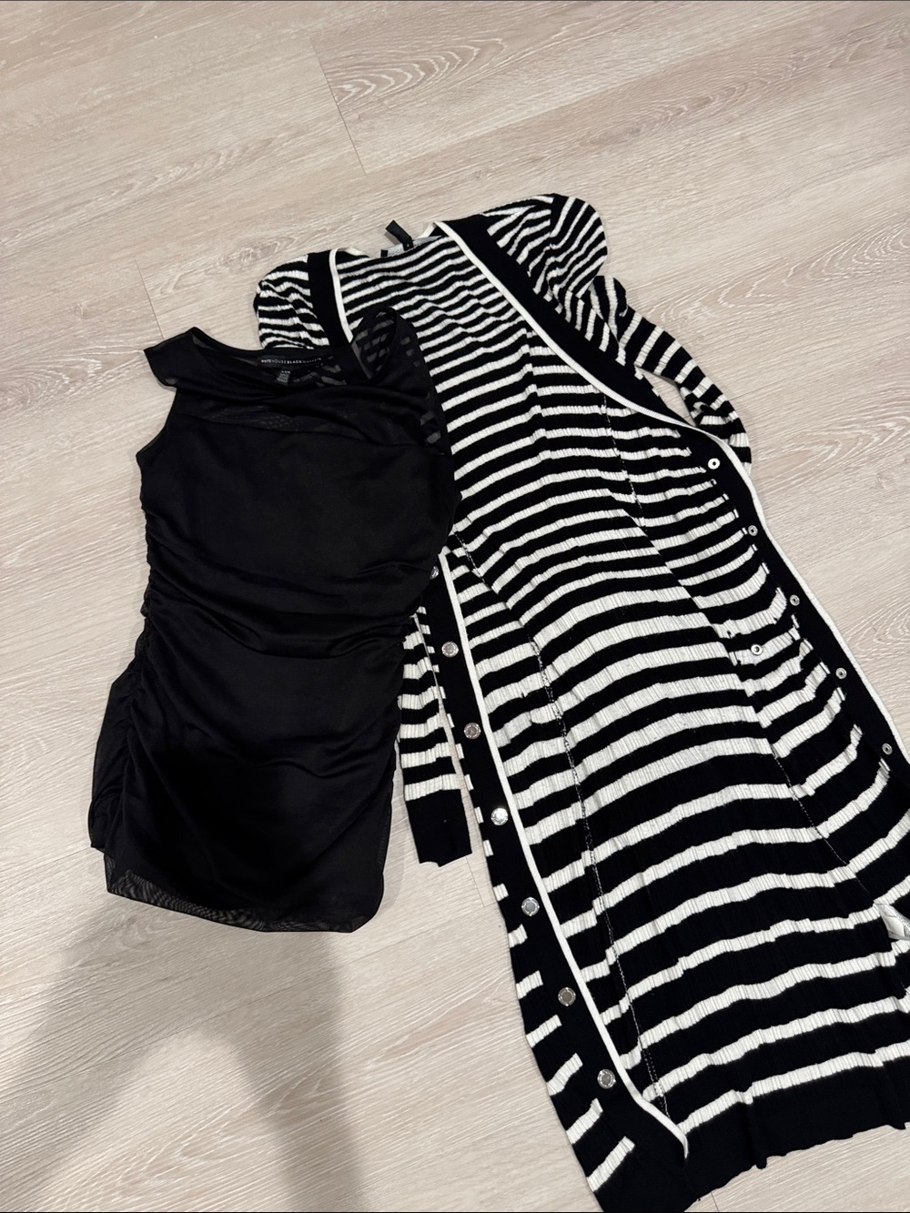 White House Black Market Black Dress with Black & White Striped Cardigan